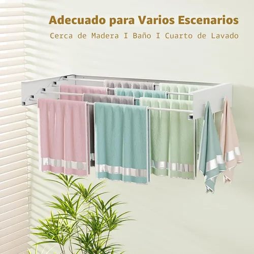 Miniatura 5 de Tendedero de pared para lavandería de 23.6 pulgadas, tendedero plegable para secar ropa montado en la pared con 4 ganchos para toallas y 4 varillas