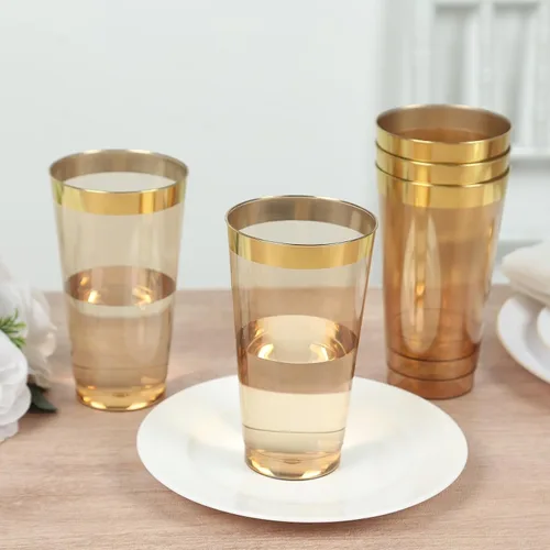 Efavormart - Paquete de 12 vasos de plástico de 17 onzas con elegante borde dorado, vasos desechables de alta calidad para bodas, cenas de cosecha y