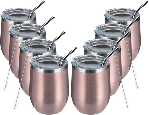 Meway - Vaso de vino con tapa de 12 onzas, sin tallo, doble pared, al vacío, de acero inoxidable, para viajes, mantiene el frío y el calor, para Oro