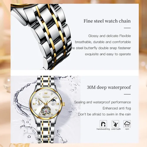 Miniatura 7 de OLEVS Reloj de mujer con esqueleto hueco y fase lunar de acero inoxidable, impermeable, dos tonos