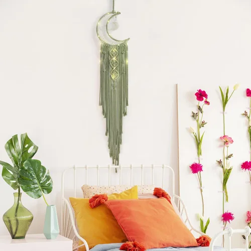 Miniatura 8 de ANROYE Colgante de pared tejido de macramé bohemio, crochet, luna creciente, estrella, atrapasueños con borla larga, algodón verde, hecho a mano