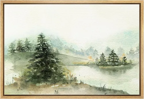 wall26 Lienzo enmarcado de arte de pared, acuarela en tonos pastel, pino, árbol, bosque, lago, naturaleza, ilustraciones de área silvestre, arte