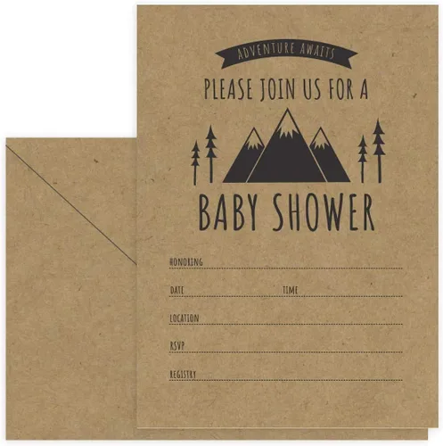 Canopy Street Adventure Awaits - Invitaciones para baby shower / 25 invitaciones de baby shower con temática de montaña en blanco de género neutro /