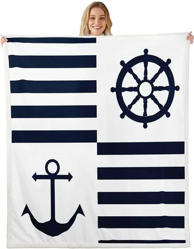 Miniatura 27 de Swim Ring Flannel Blanket All Seasons,Nautical Theme Bed Blanket for Kawaii Home Decor,Navy Blue Stripes Blanket for Kids Girls Sofa Couch,40"x50