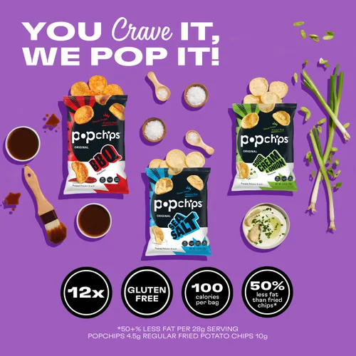 Miniatura 2 de Popchips Paquete variado de papas fritas, sal marina, barbacoa, crema agria y cebolla, 12 bolsas de una sola porción de 0.8 onzas, sin gluten