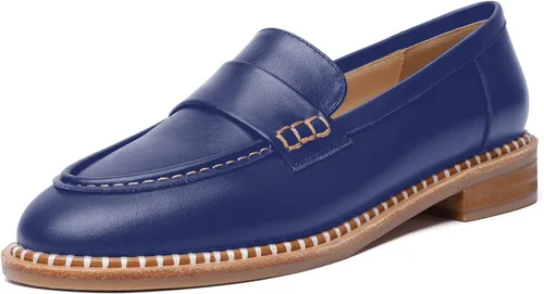 Miniatura 18 de FOGEENA Mocasines de cuero mate para mujer, estilo casual, sin cordones, punta redonda, tacón bajo grueso, zapatos de vestir de 1 pulgada