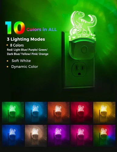 Miniatura 3 de LOHAS - Luz nocturna de dinosaurio para niños, luz nocturna LED con enchufe, del atardecer al amanecer, luces nocturnas LED Velociraptor enchufables