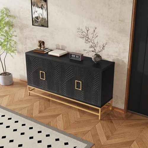 Miniatura 29 de Virubi Armario de buffet acanalado de 63 pulgadas con almacenamiento, puertas y estantes ajustables, mesa consola curva de madera con Azul marino