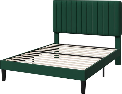 Miniatura 2 de HOOMIC Twin Bed Frame, Velvet Upholstered Platform Bed with Adjustable Vertical Channel Tufted Headboard, Mattress Foundation with Strong Wooden
