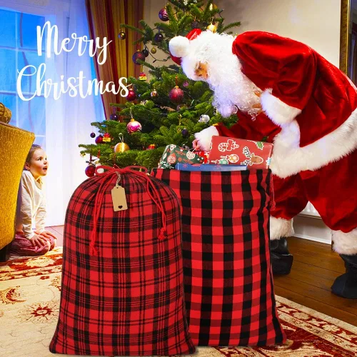 Miniatura 5 de HRX Package 2 bolsas de algodón de Papá Noel, bolsas de Navidad de tela a cuadros de 28 x 20 pulgadas, bolsas de Navidad reutilizables con etiqueta