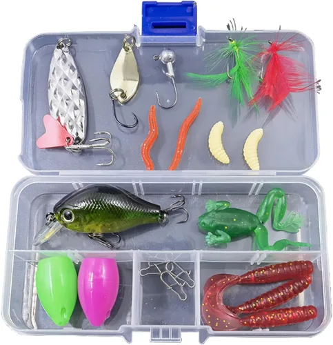 Kit de señuelos de pesca de agua dulce, aparejos de pesca. Caja de aparejos que incluye cebos tipo crankbait, señuelos de superficie, jigs, cucharas