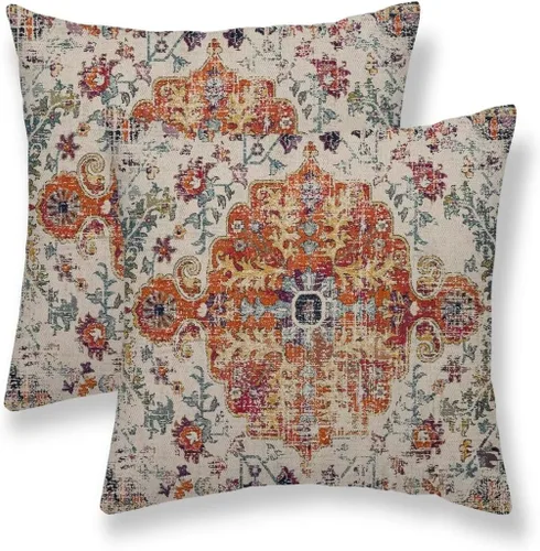 Miniatura 14 de Juego de 2 fundas de almohada bohemias de 16 x 16 pulgadas, color negro y marrón, fundas de almohada con patrón de alfombra étnica rústica, fundas