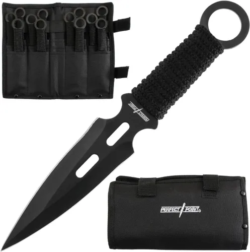 Miniatura 5 de Perfect Point Set de cuchillos de lanzamiento – Juego de 9 lanzadores, hojas de acero inoxidable negro con mangos envueltos en cordón rojo con 060
