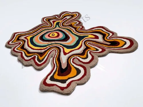 Miniatura 4 de Alfombra de forma irregular con patrón de ilusión copetuda a mano, 100% lana, hecha a mano (color multicolor, 4 x 4 pies)