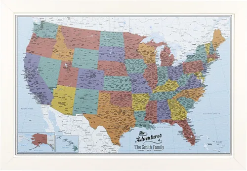 Miniatura 43 de Push Pin Travel Maps Lienzo personalizado Blue Oceans USA con marco gris de madera de granero