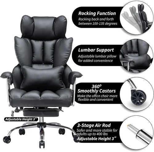 Miniatura 6 de Efomao Silla de Oficina Grande y Alta con Reposapiés 400LBS, Silla de Computadora de Cuero PU, Silla de Oficina Ejecutiva de Alta Resistencia