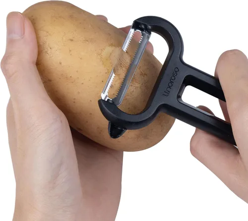 Miniatura 8 de Linoroso Pelador de frutas dentadas de acero inoxidable negro, pelador clásico de verduras, hoja giratoria japonesa, mango cómodo, apto