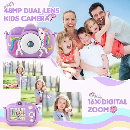 Miniatura 5 de Cámara para niños para niñas de 3 a 5 años, cámara digital para niños con cubierta de silicona, grabación de video de 48MP/1080P, cámara selfie