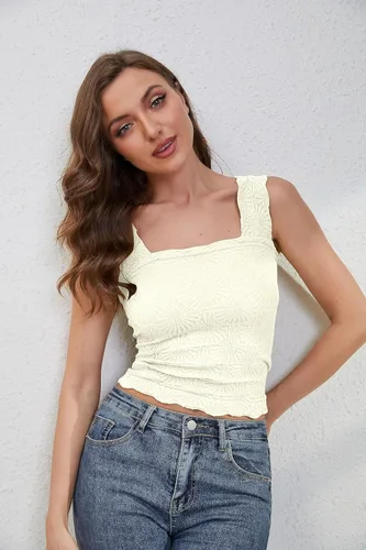 Miniatura 2 de MISSACTIVER Camiseta corta sin mangas con cuello cuadrado y tirantes anchos para mujer, estilo casual, floral, sin mangas, con ribete de lechuga
