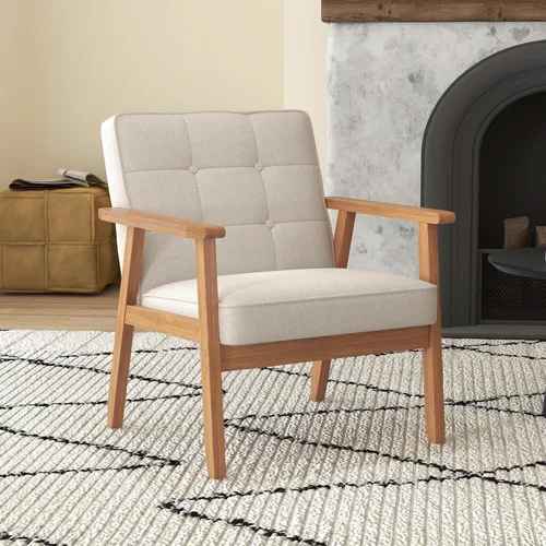 Miniatura 3 de Silla decorativa moderna con reposabrazos, silla de ocio tapizada de tela de lino con botón de respaldo y marco de madera para sala de estar, Beige