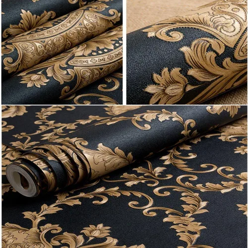 Miniatura 5 de QIHANG - Rollo de papel pintado en relieve profundo de damasco negro clásico europeo para sala de estar, hotel, TV, telón de fondo de 1.7 ft x 32.8