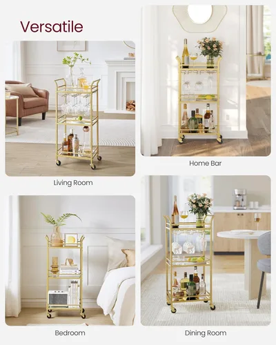 Miniatura 3 de VASAGLE Carrito de Bar, Carrito de Servicio de Bar para el Hogar, Carrito de Servicio de Bar Pequeño con Estante de 3 Niveles, Portabotellas