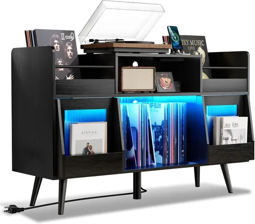 Miniatura 10 de Loomie Soporte grande para tocadiscos negro con toma de corriente y luz LED, gabinete de almacenamiento de discos de vinilo de hasta 350 álbumes