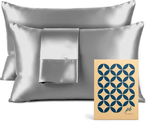 Miniatura 24 de Pure Bedding Sábanas de satén individuales [3 piezas, plateadas] Juego de sábanas sedosas de lujo para hotel, juego de sábanas de microfibra extra