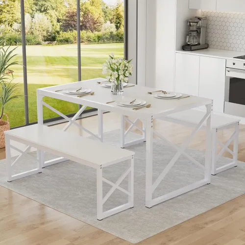 Miniatura 16 de VECELO Juego de mesa de comedor de cocina de 43.3 pulgadas para 4, marco de acero resistente y mesa de grano de madera, juegos de comedor que