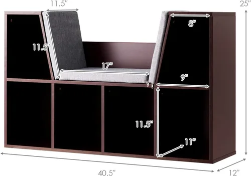 Miniatura 3 de HONEY JOY Organizador de rincón de lectura con cojín de asiento, estantería para niños con rincón de lectura, estante de almacenamiento de esquina