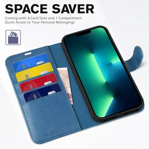 Miniatura 7 de TUCCH Funda tipo cartera para iPhone 13 Pro Max, con bloqueo RFID, ranura para tarjetas y soporte [funda interior de TPU a prueba de impactos], Azul