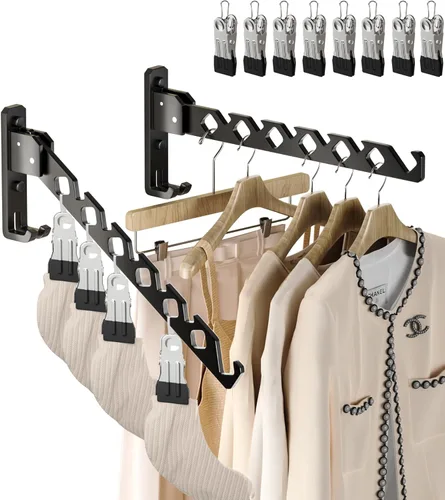 Miniatura 8 de Dr.DJ Soporte para colgar abrigos de pared, organizador de secado de ropa negra, ganchos de aluminio, retráctiles, plegables, para interiores