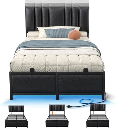 Besiost Base de cama de tamaño individual con cabecera ajustable de 3 alturas, cama de plataforma tapizada de cuero con luz LED y estación de carga,