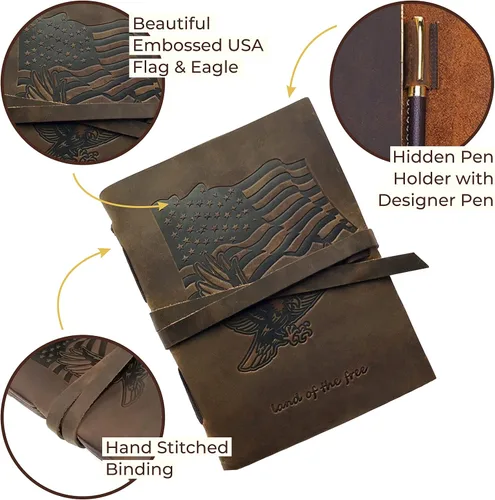Miniatura 2 de Diario encuadernado en cuero para hombres y mujeres, juego de regalo patriótico hecho a mano con bandera de Estados Unidos y águila en relieve