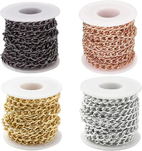 Miniatura 30 de N/C Cadenas de aluminio de 15 pies de eslabones de perlas de imitación, cadena de eslabones trenzados, cadenas de cable cruzado con colgante