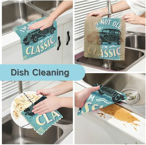 Miniatura 2 de Juego de 6 paños de cocina retro de los años 60 con estampado de automóvil brillante, toallas de cocina para la cocina, toallas brillantes