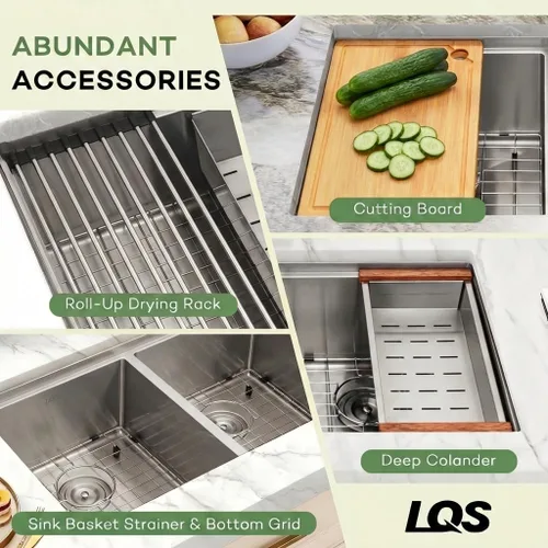 Miniatura 4 de LQS Fregadero de cocina de doble tazón para muchas ollas y sartenes, fregaderos de cocina de acero inoxidable para montaje bajo y caída