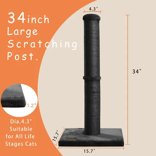 Miniatura 2 de Karolpar Poste rascador para gatos de 34 pulgadas con cuerda de sisal natural, 4.3 pulgadas de diámetro grande, árbol rascador para gatos de Negro