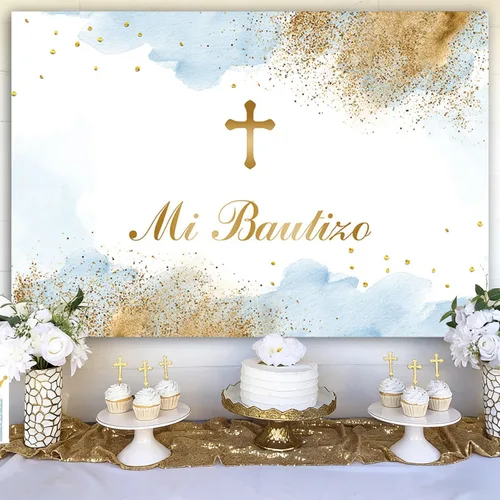 Miniatura 4 de Sendy Telón de fondo de 7 x 5 pies, decoración de fiesta de bautismo mexicano, Dios bendiga al niño, primera comunión, nubes de acuarela azul, fondo