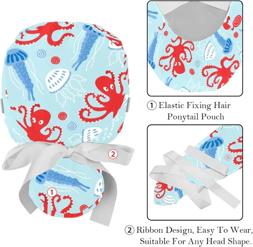 Miniatura 4 de Paquete de 2 gorras de trabajo con botones, banda para el sudor, gorras quirúrgicas ajustables para mujeres y hombres, pulpo de ballena oceánica