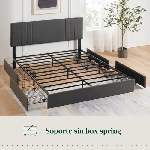 Miniatura 6 de Zinus Billie - Base de cama con plataforma, cuatro cajones de almacenamiento debajo de la cama, cabecera ajustable en altura, estilo tapizado, Gris
