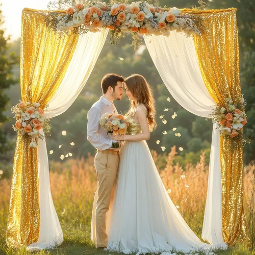 Miniatura 4 de Tela para Cubrir Arco de Boda, 1 Panel de 28" x 19 pies de Tela de Gasa Blanca y 1 Panel de 16" x 19 pies de Tela de Gasa con Lentejuelas Dorada