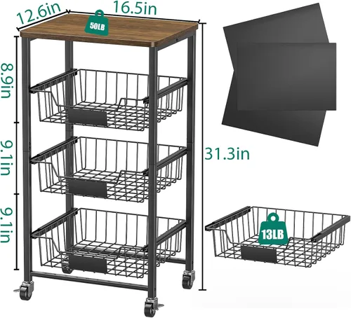 Miniatura 4 de XYZLVSI Carrito de almacenamiento de cocina con ruedas, carrito de metal de 4 niveles, cesta de almacenamiento de frutas y verduras, estante