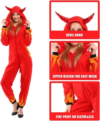 Miniatura 5 de AERO ARMOR Disfraz de diablo de fuego para mujer, disfraz de Halloween con capucha, pijama de demonio rojo, overol de cosplay