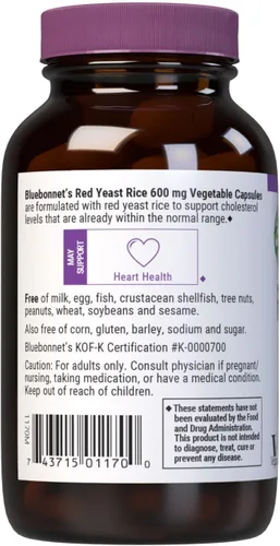 Miniatura 3 de Bluebonnet Nutrition - Arroz de levadura roja de 600 mg, sin OMG, vegano, certificado Kosher, sin gluten, sin soja, sin lácteos, 60 cápsulas