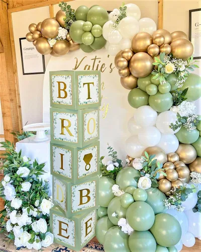 Miniatura 7 de 101 piezas de decoración de despedida de soltera de vegetación, cajas de globos doradas, bloques con BRIDE TO BE + GROOM + letras A - Z y 40 globos