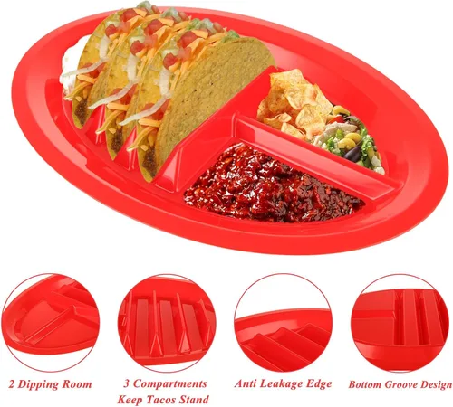 Miniatura 3 de Acrux7 - 12 platos de plástico para tacos para fiestas, platos grandes para tacos con divisores, capacidad para 3 tacos, 2 áreas de inmersión