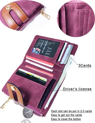 Miniatura 9 de AOXONEL Cartera pequeña de cuero plegable Rfid para mujer, con cremallera, bolsillo para tarjeta de identificación, delgada, compacta y delgada