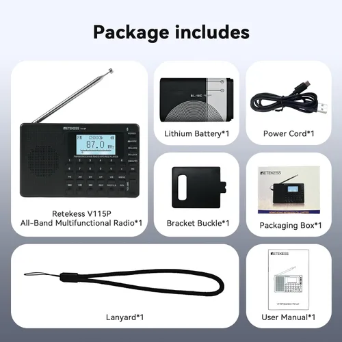 Miniatura 8 de Retekess Radio de onda corta V115, Radio Digital AM FM, receptor de onda corta con batería recargable de 1000 mAh, preajustes, reproducción