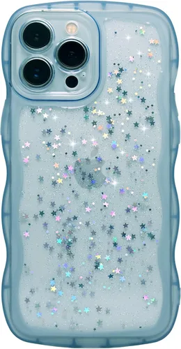 Miniatura 138 de Qokey Funda para iPhone 12 Pro Max de 6.7 pulgadas, diseño de onda rizada, borde transparente, brillante con purpurina, estrella brillante, bonita
